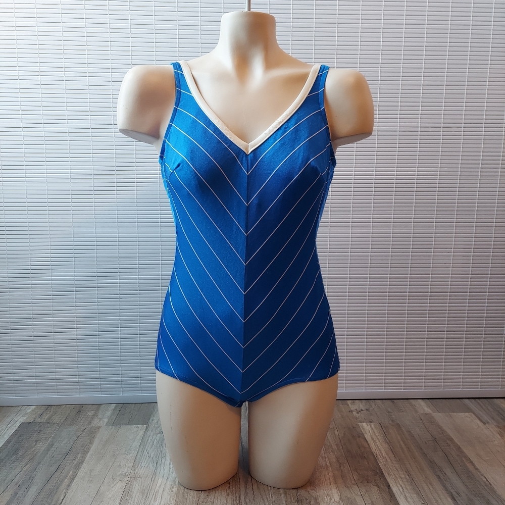 Blue White Stripe Vintage 70s 80s Robby Len One Piece Swimsuit Medium